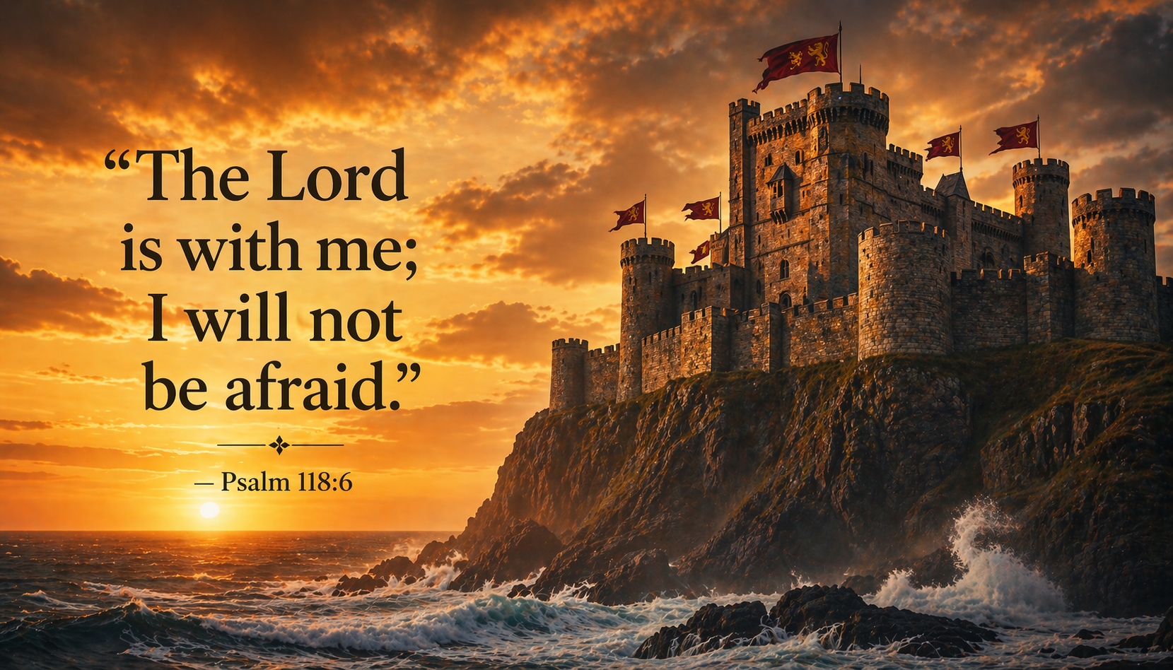 Psalm 118:6 Bible verse wallpaper - The Lord is with me I will not be afraid - castle on cliff above turbulent sea